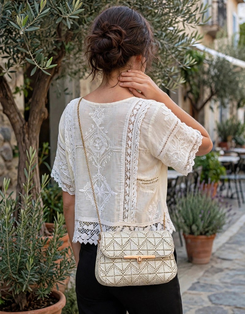 Vista posteriore di una giovane donna con una blusa bianca ricamata e una borsa a tracolla, in un ambiente esterno con piante d'olivo.