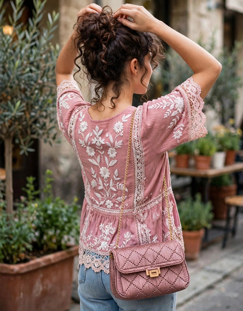 Giovane donna con capelli ricci raccolti, indossa una maglietta rosa con ricami floreali e una borsa a tracolla, in un ambiente all'aperto con piante in vaso.