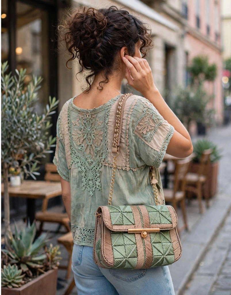 Donna con capelli ricci, indossa una blusa ricamata verde e jeans, mentre tiene una borsa a tracolla verde e marrone e si trova in una strada cittadina.