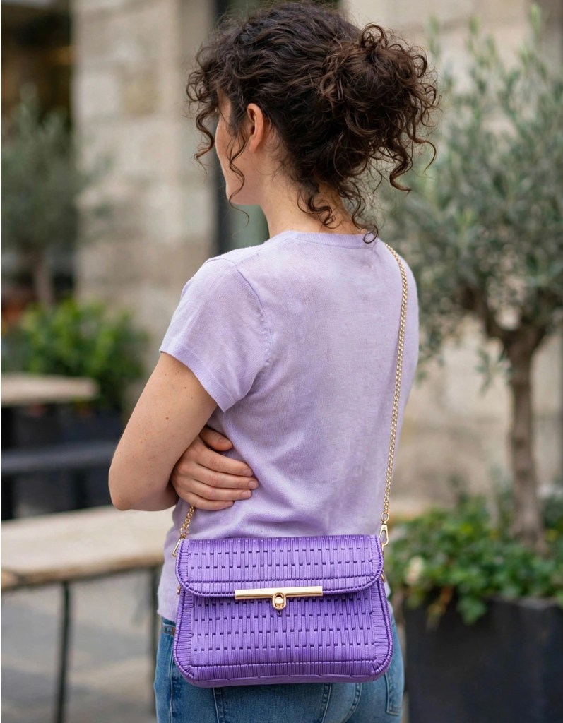 Donna con capelli ricci che indossa una maglietta lilac e tiene una borsa a tracolla viola mentre si trova all'aperto.