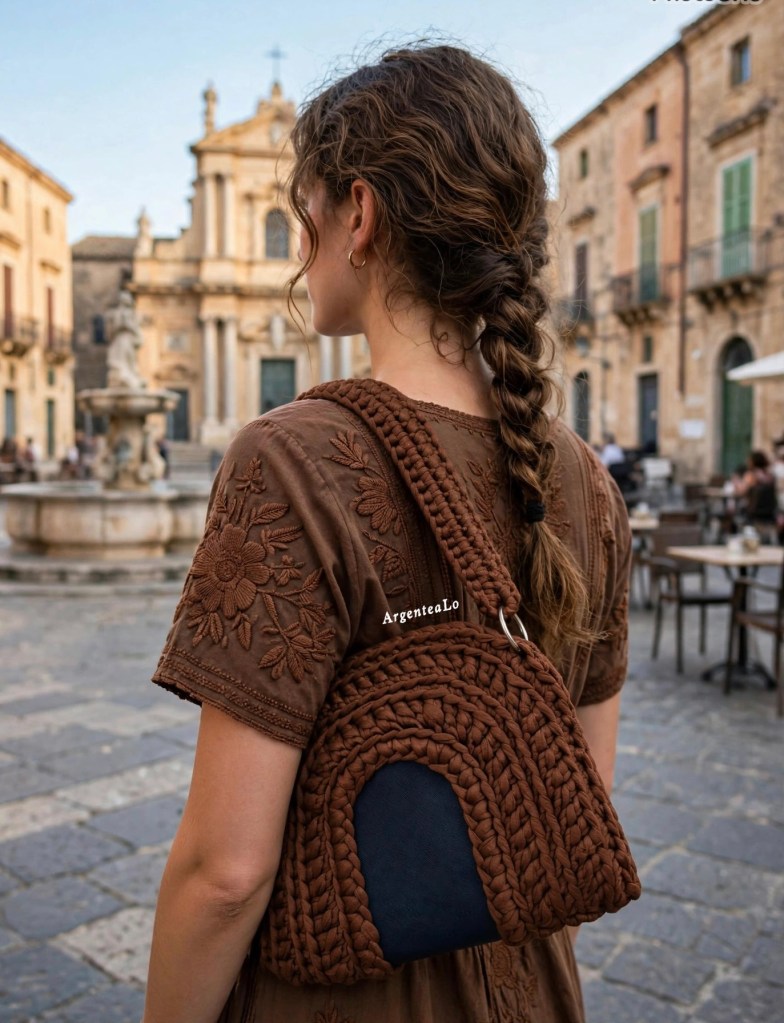 Donna di spalle con un vestito marrone ricamato e una borsa a tracolla in pizzo, in una piazza storica.