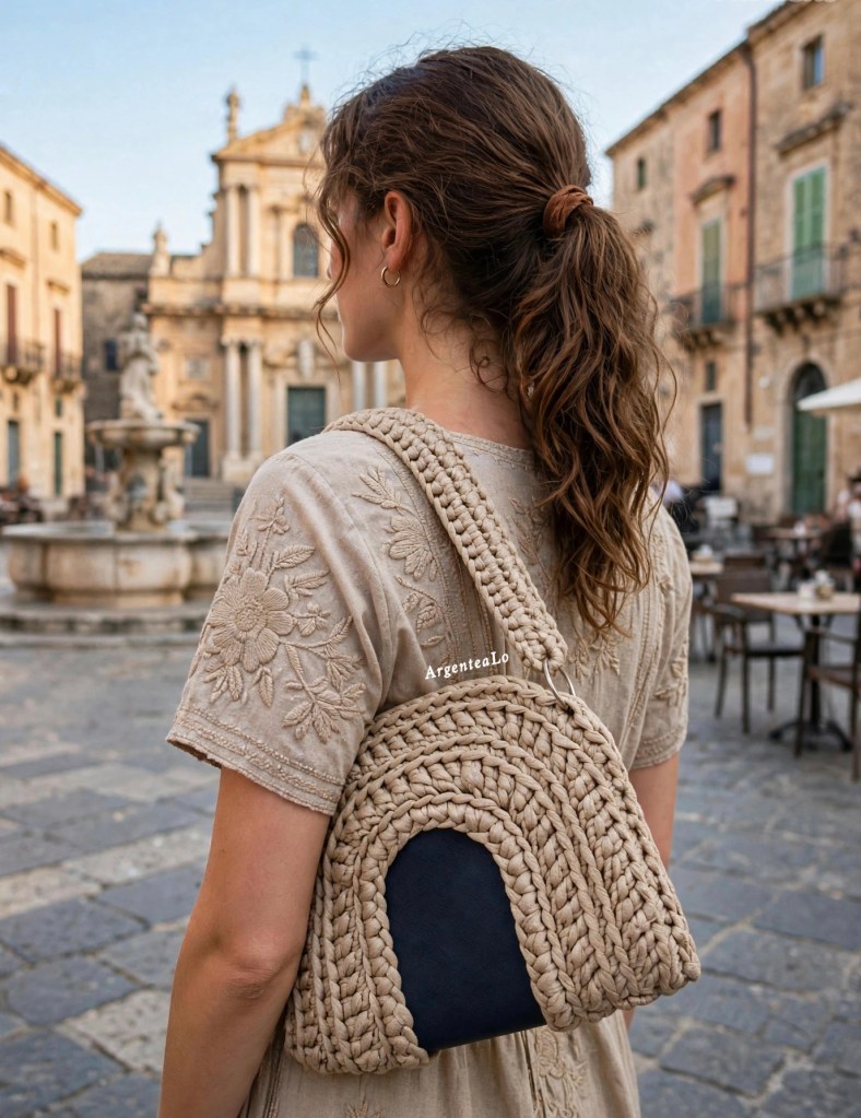 Una giovane donna con un vestito ricamato che guarda un edificio storico mentre tiene una borsa intrecciata di colore beige e blu scuro.
