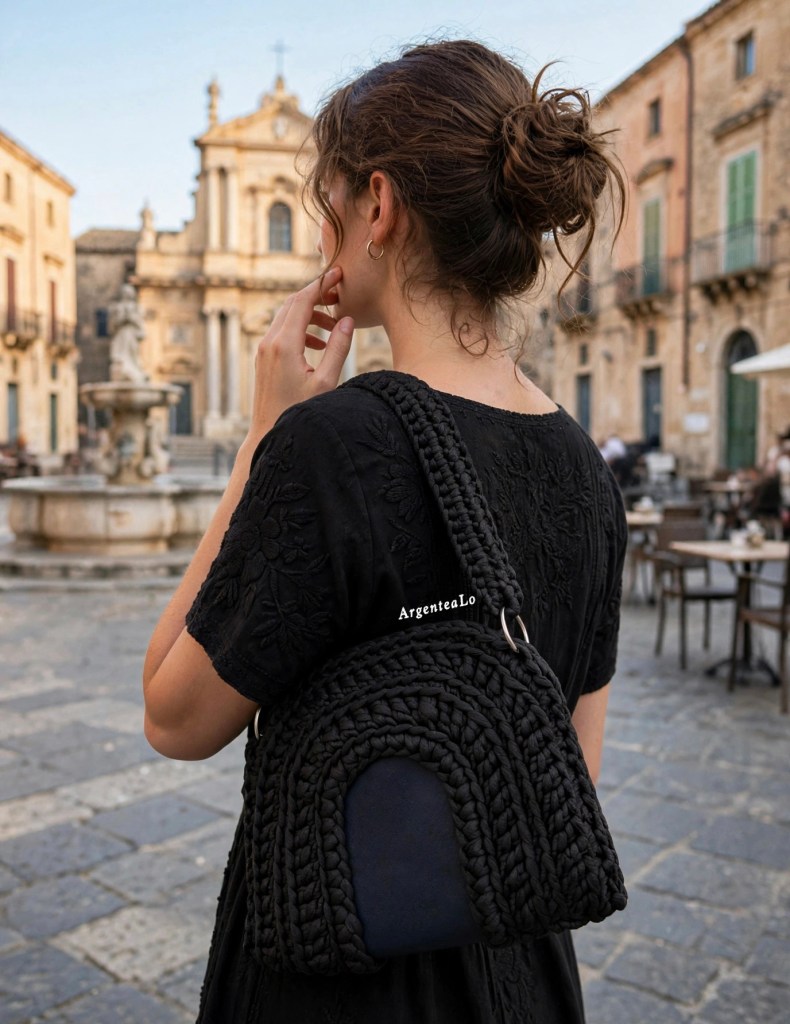 Una giovane donna con un vestito nero e una borsa a tracolla intrecciata, in una piazza storica con edifici antichi e una fontana sullo sfondo.