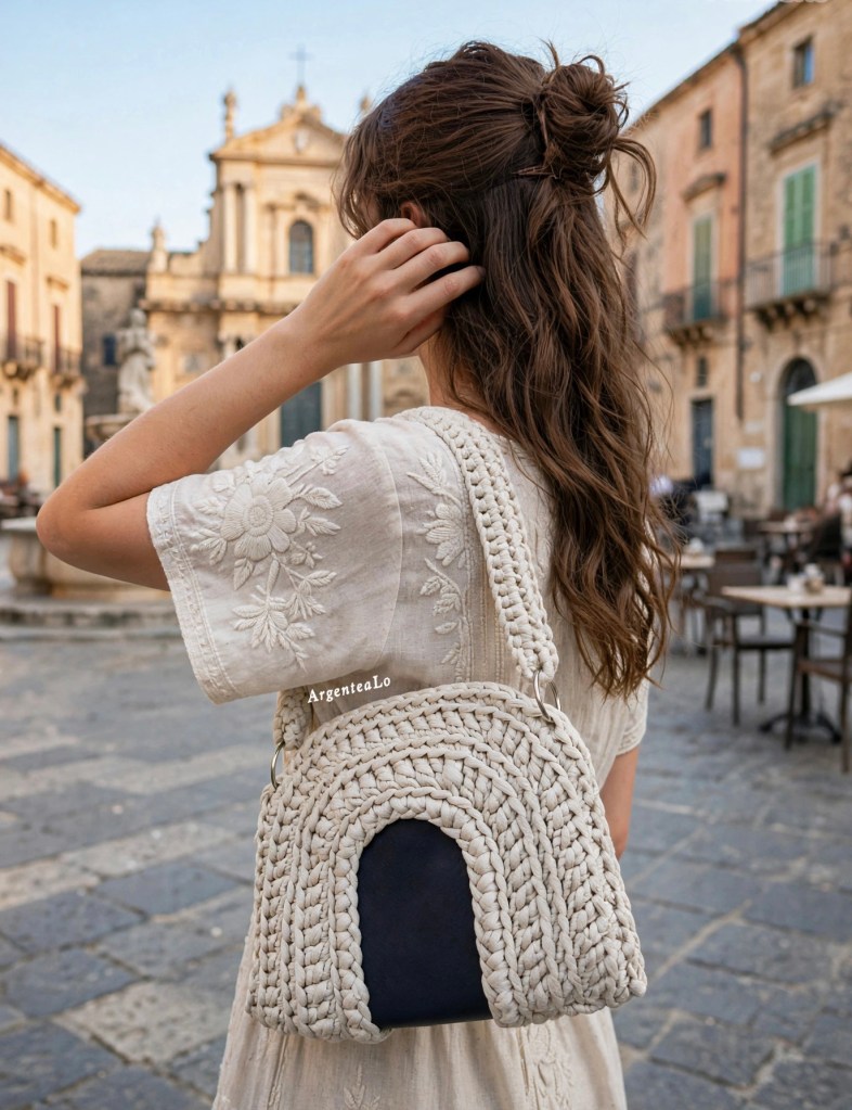 Una donna сon capelli ricci che indossa una blusa chiara, mentre tiene una borsa a tracolla intrecciata in un paesaggio urbano.